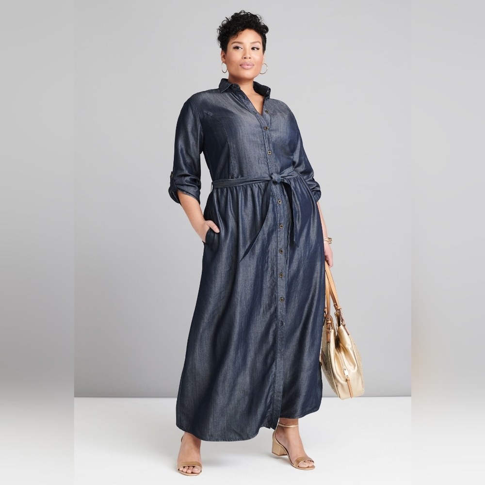 Jessica London Women's Long Sleeve Denim Blue Maxi Dress Plus Size 14W